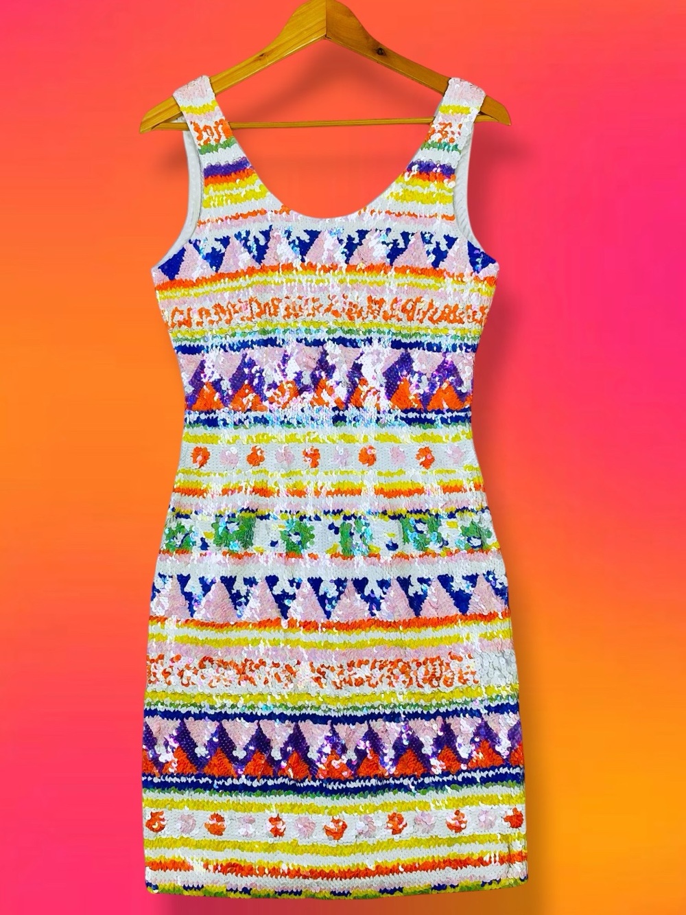 Vintage Y2K Retro Sequin Rainbow Chevron Striped Stretchy Bodycon Mini Dress S